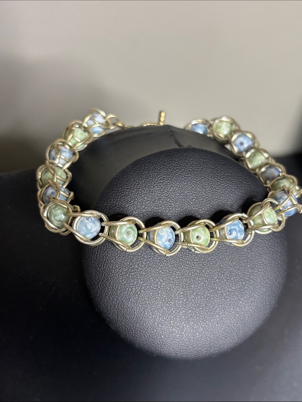 Handcrafted Blue & Green Ceramic Beaded Silver Tone Bracelet